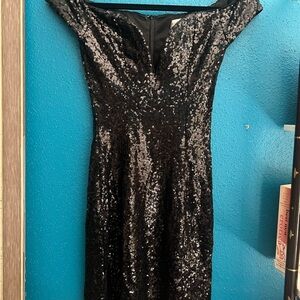Rare London Black Sequin Off-Shoulder Bodycon Dress